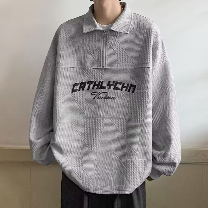 Japanese Retro Polo Collar Jacket Men's Spring Loose Ins Trendy Brand Half-Zip Turn-Down Collar Printed Long-Sleeve Sweatshirt