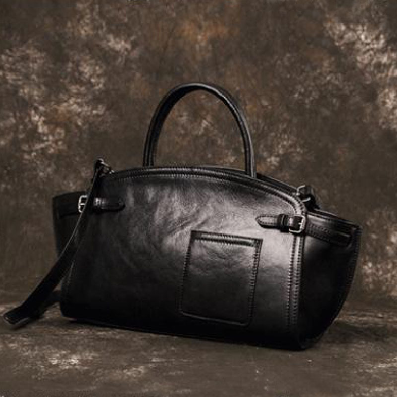 Luxury Genuine Leather Boston Bowling Bag Niche Design Retro Handbag Shoulder Underarm Bag Trendy - Thumbnail 7
