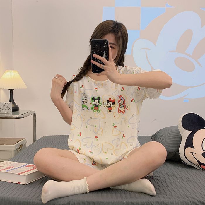 Venta al por mayor transfronteriza de pantalones cortos de manga corta pijamas mujeres nubes algodón verano nuevo estudiante dulce dibujos animados traje de servicio a domicilio oso