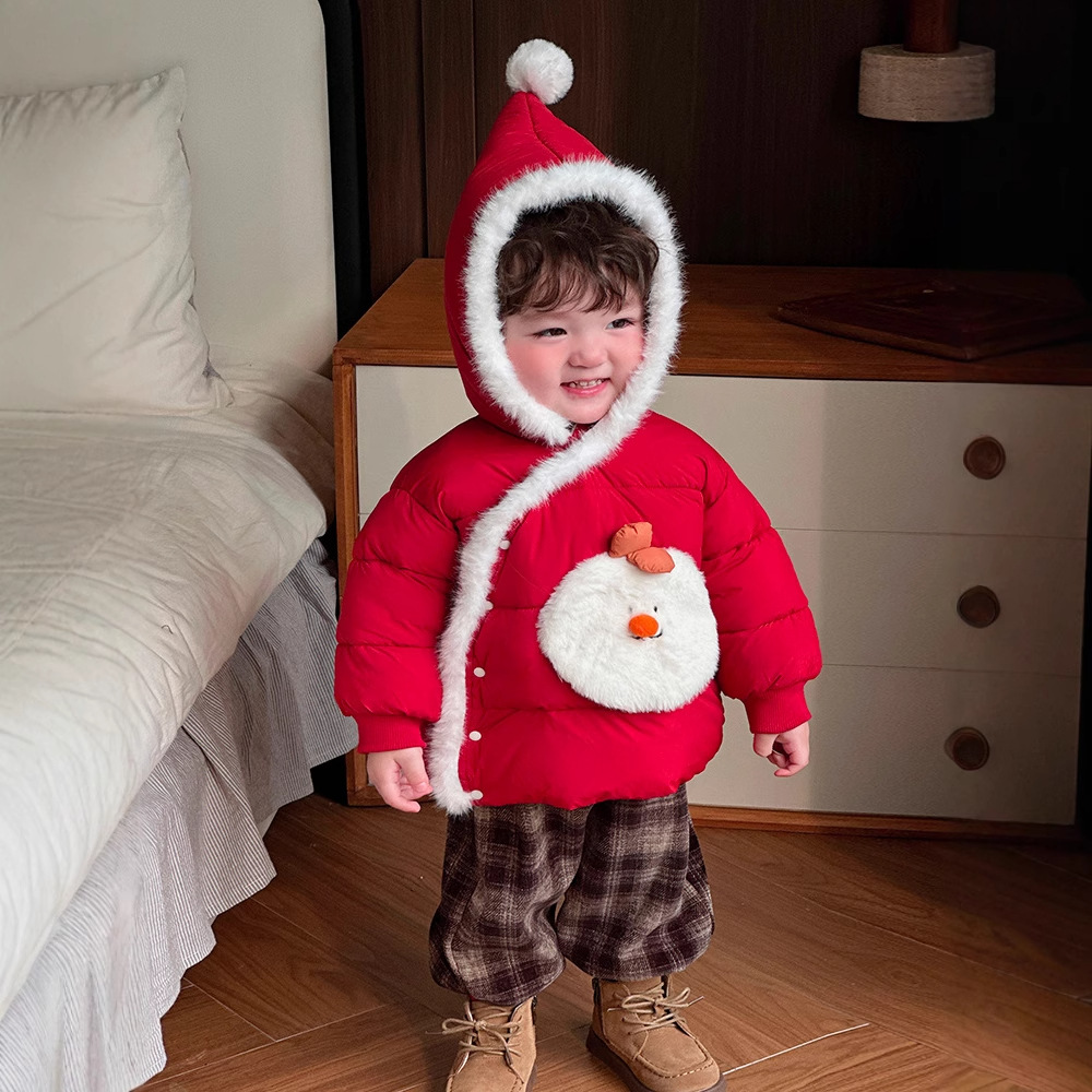 Ropa de algodón de invierno para bebés y niños pequeños, Navidad engrosada, cálida, cómoda y suave, ropa de Año Nuevo para bebés, ropa de salida roja con capucha