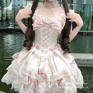 甜美洛麗塔蝴蝶結吊帶連衣裙夏季新款氣質收腰公主蓬蓬裙女