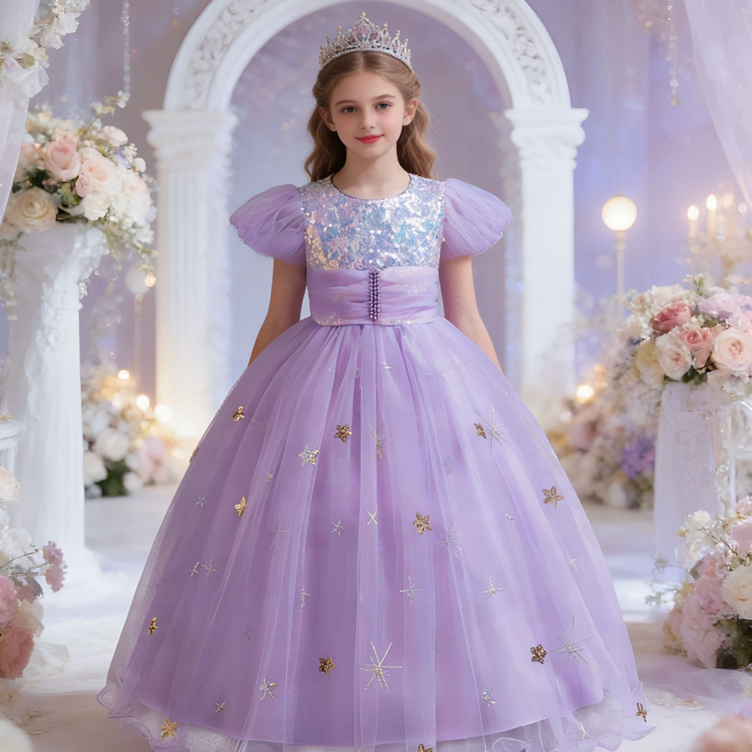 Púrpura niñas Vestido largo de los niños del piano pasarela rendimiento ropa niña manga corta princesa pettiskirt al por mayor 630