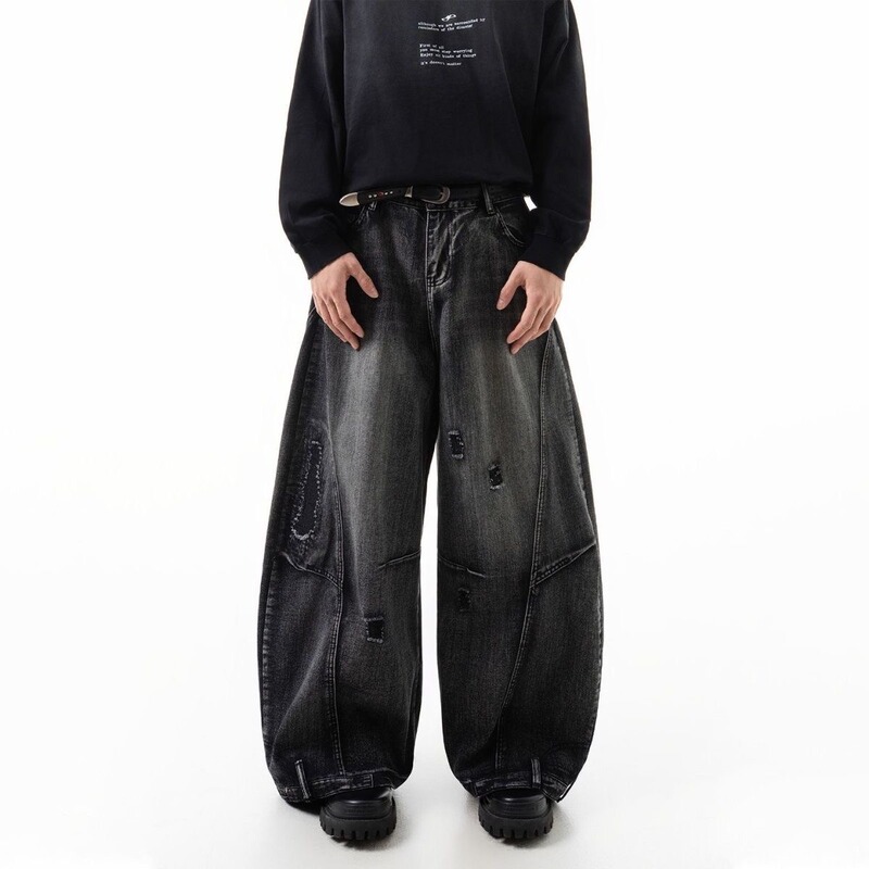 American-Style Deconstructed Silhouette Jeans, Washed and Distressed, High Street Style, Ripped Straight-Leg Vibe Casual Pants for Men American-Style Deconstructed Silhouette Jeans, Washed and Distressed, High Street Style, Ripped Straight-Leg Vibe Casual Pants for Men