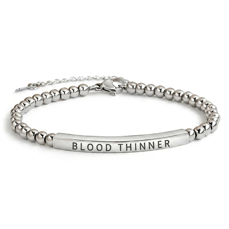 Stainless steel curved tube bracelet with laser-engraved English letters, adjustable medical assistance bracelet, silver bead curved tube bracelet