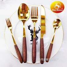 晶致梨花木柄金色不锈钢餐具创意高档木柄刀叉勺套装酒店西餐具