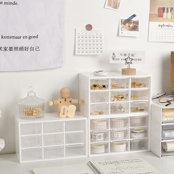 Nine-Square Grids Girly Heart in Wind Dust-Proof Nine-Square Grids Drawer-Type Storage Box White Jewelry Cosmetics Student Storage