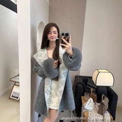 25秋冬新款双面羊毛大衣女中长款连帽宽松羊毛呢外套浴袍气质印花