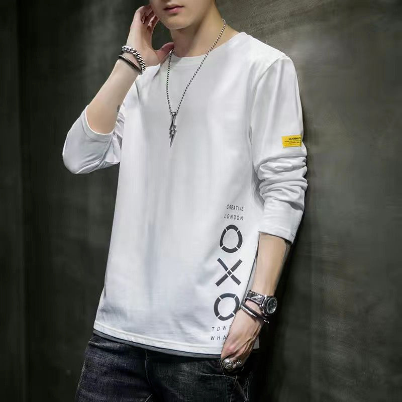 Camiseta de manga larga de primavera y otoño nueva juventud falso de dos piezas Camiseta estilo coreano estudiante camisa de fondo ropa superior de los hombres de moda