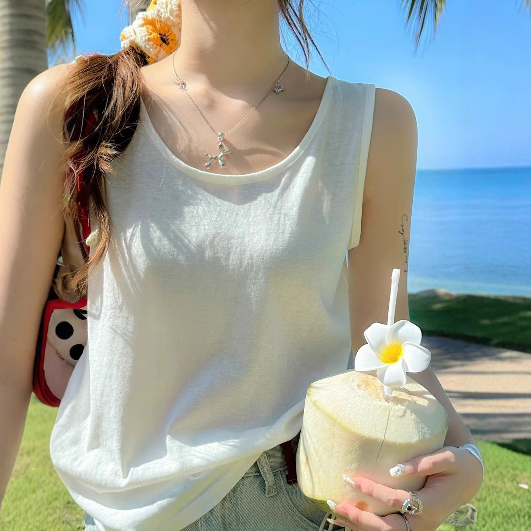 White Vest for Women's Summer Outer Wear 2025 New Cotton and Linen Sling Loose Covering Side Breasts Inner Bottoming Sleeveless Top