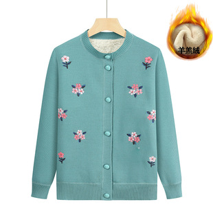 Middle-aged and elderly round neck sweater mom wear fleece-lined thickened knitted cardigan old lady clothes autumn and winter coat