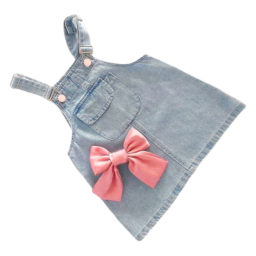 2021 Summer New Girls' Stylish Bow Denim Strap Dress Baby Girl Fashionable Puff Sleeve Sweet Suit