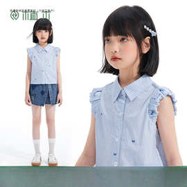 植木童装女童衬衫2025夏季新款中大童蝴蝶结条纹衬衫上衣儿童衬衫