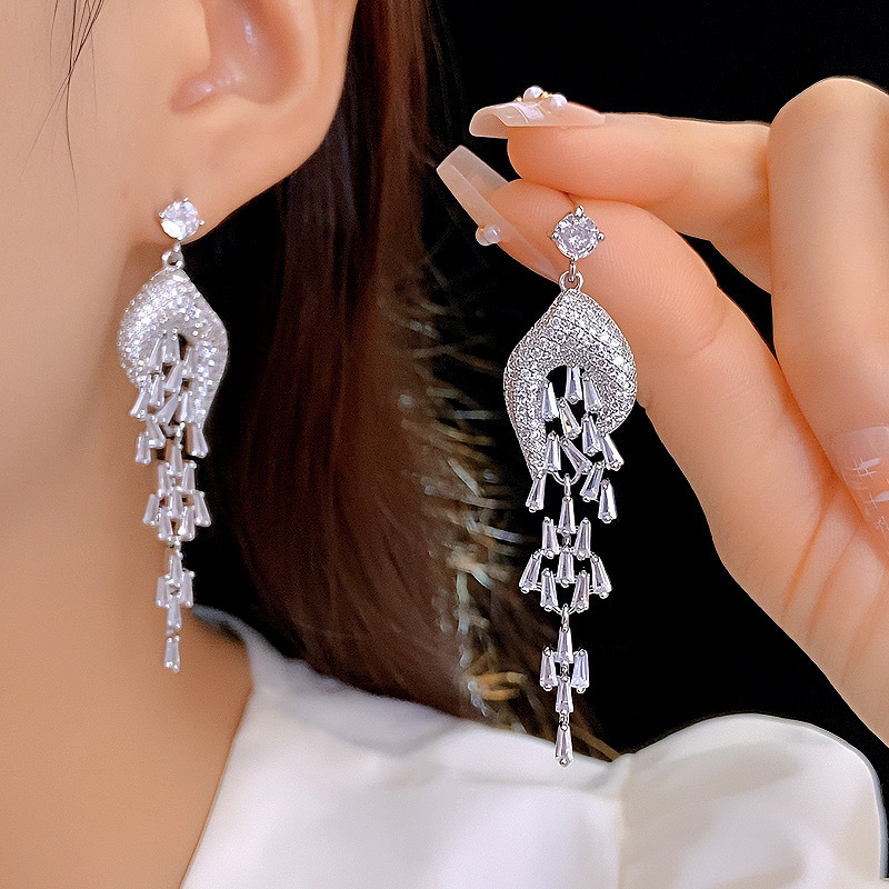 新款韩国锆石流苏长款耳坠璀璨满钻锆石耳环新娘结婚首饰饰品批发