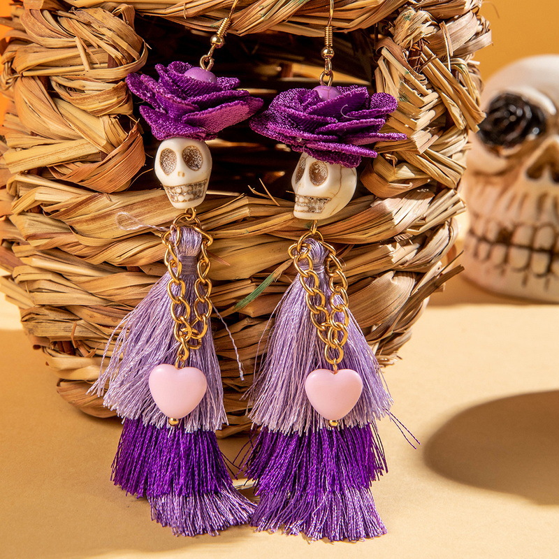 27g Weight Alloy Ear Needle Material Drop Earrings Classification 1 Pair Quantity Holiday, Daily Occasion Alloy, Resin Material Halloween Festival Tassel, Skull Pattern Women's Gender Plating Design Elegant, Streetwear Style 1 Pair Halloween Elegant Streetwear Tassel Skull Plating Alloy Resin Drop Earrings 24