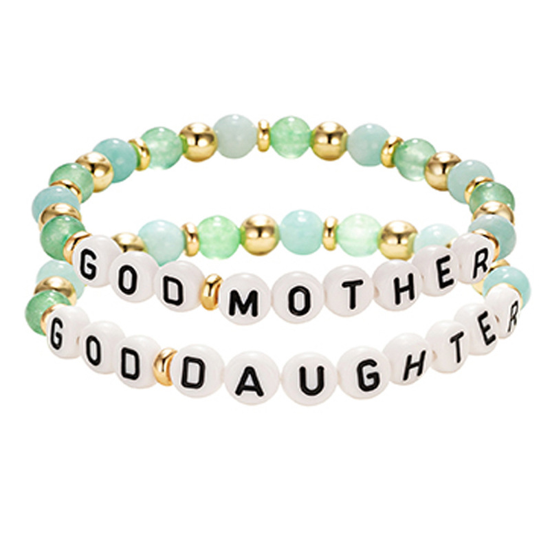 European and American Fashion English Letter Beaded Stretch Bracelet Gold Beads Green Crystal Natural Stone Bracelet Mother Daughter Mother Gift