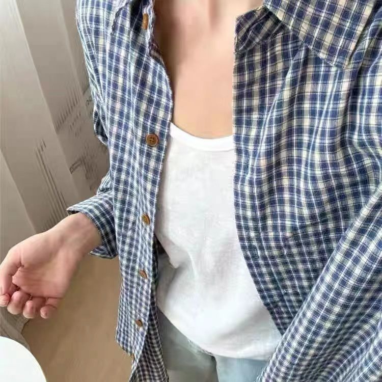现货韩系格子衬衫女早秋新款百搭宽松慵懒风上衣外搭格纹衬衣外套|undefined