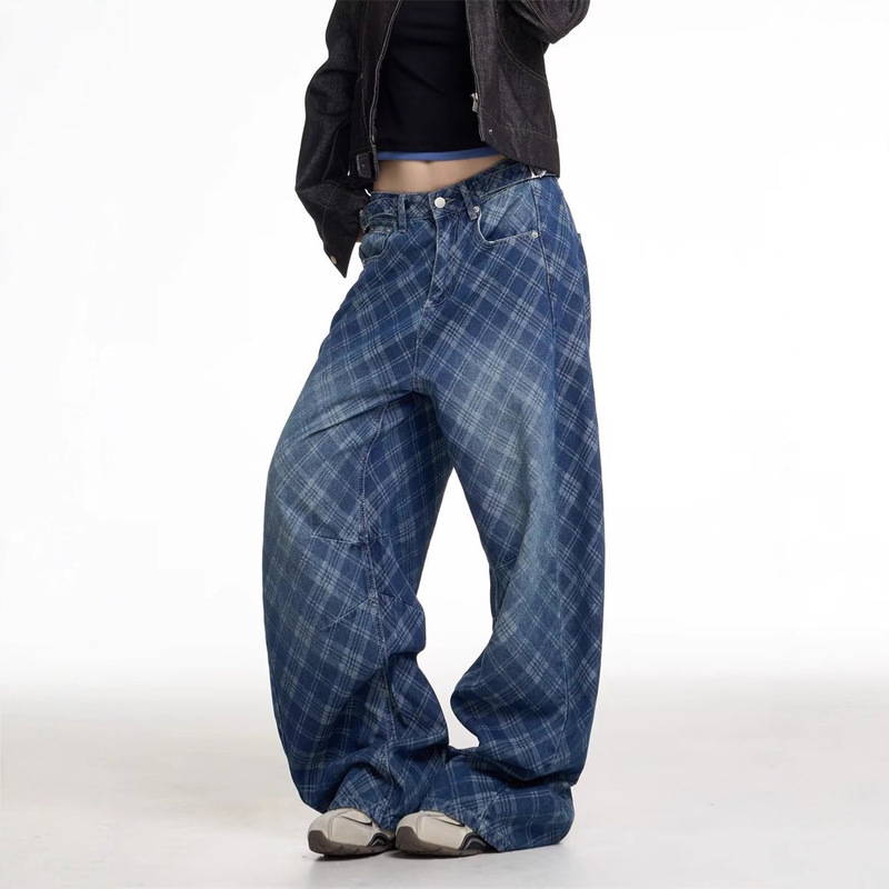 American-Style Washed Vintage Plaid Wide-Leg Scimitar Jeans for Men and Women, Loose Casual Versatile Straight-Leg Floor-Length Pants Trendy