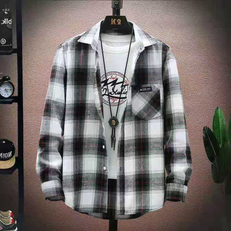 2025春秋季长袖格子衬衣男士衬衫韩版宽松青年学生帅气上衣外套