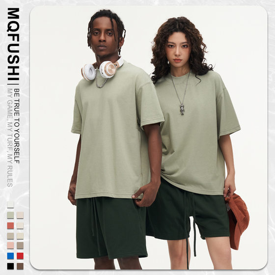 Mingqi | Heavy t-shirt Cotton 32s Double Yarn 270g High Neck Drop Shoulder Short Sleeve Tide t-shirt Earth Retro Loose t