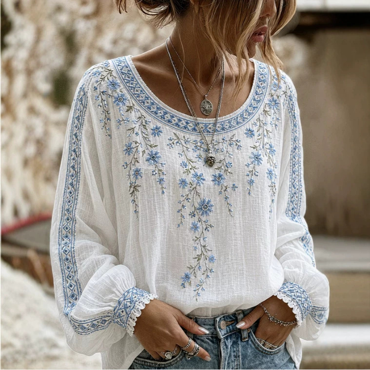 2026 European and American Cross-Border Foreign Trade New Women's Clothing Round Neck Long-Sleeved Top with 3D Digital Printing and Floral Elements