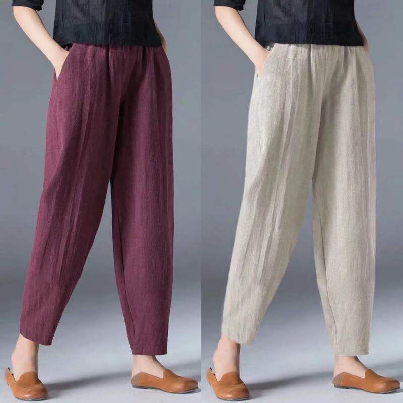 Cotton Wide-Leg Pants for Women, Summer Loose Large Size White Harem Pants, Slim Casual Black Nine-Point Lantern Pants