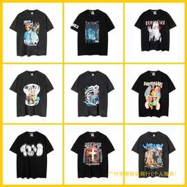 复古卡通嘻哈人像印花字母做旧宽松圆领休闲短袖T恤男女同款外贸