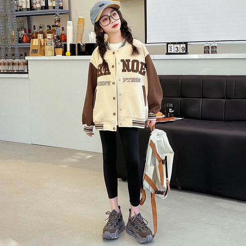 Women's Spring and Autumn 2024 New Children's Stylish Color-blocked Spring Top for Older Children, Spring Baseball Jacket