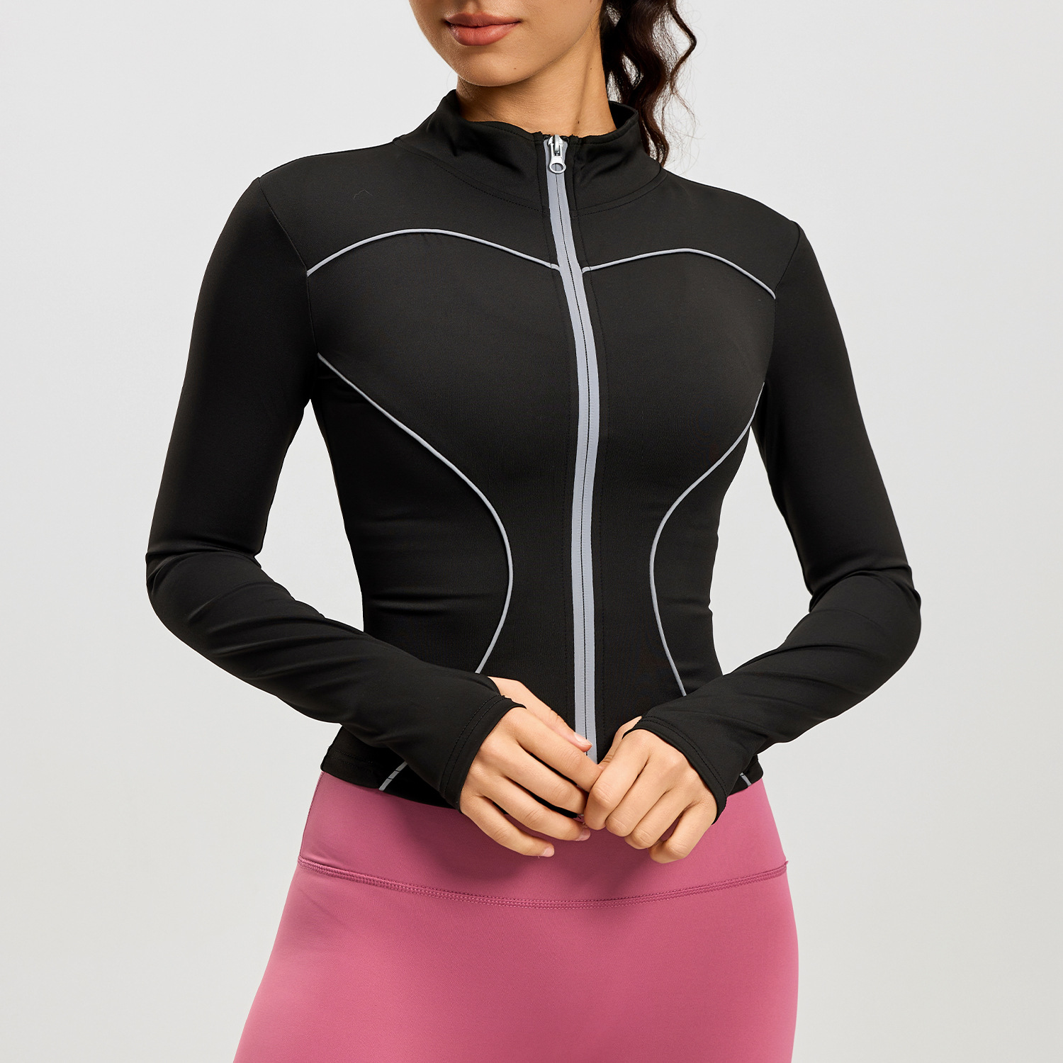 Chaqueta de Yoga Juyitang con Diseño de Líneas, Cuello Alto, Corte Ajustado, Reflectante para Correr de Noche, para Mujer