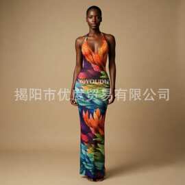 设计感闪亮水钻性感V领网纱修身长裙晚会红毯舞台时装秀礼服多彩
