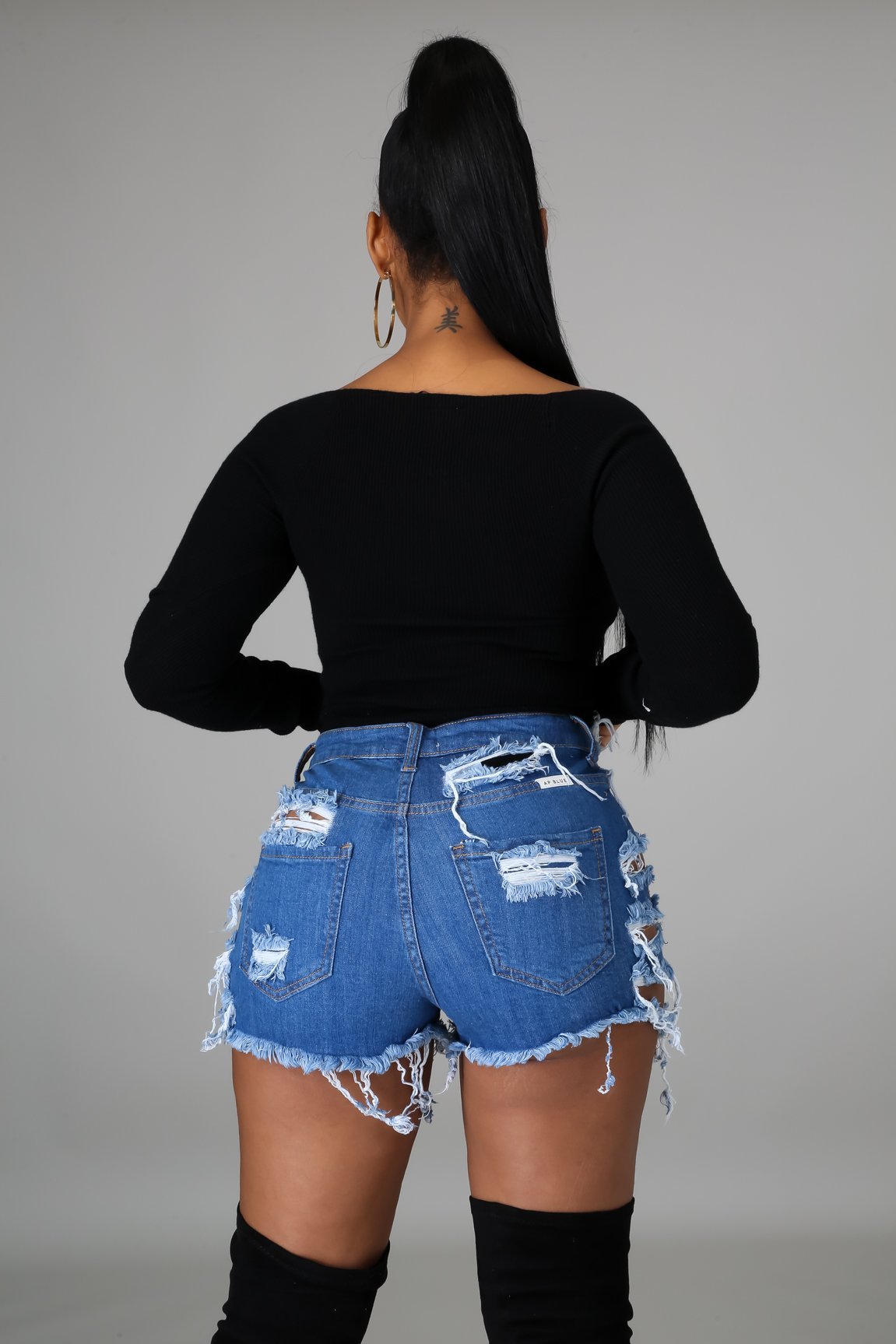 high waist irregular torn and worn stretch denim shorts NSQDH126891