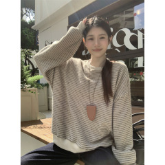 设计感条纹圆领长袖卫衣女秋冬季时尚遮肉宽松慵懒风休闲百搭上衣
