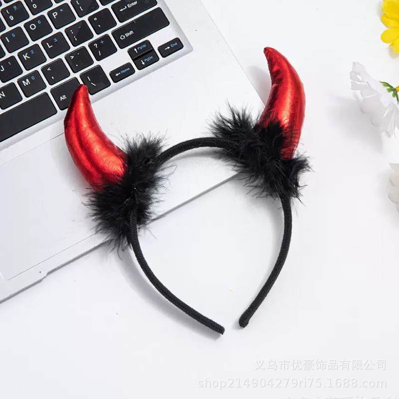 万圣节派对黑色牛角发箍聚会派对发卡搞怪恶魔头箍魔法棒叉子道具|undefined