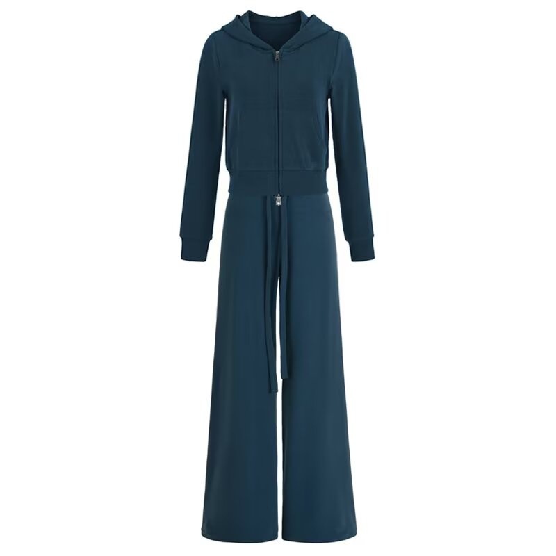 Winter Sporty Casual Fitness Women's Sweatshirt And Pants Set Hooded Zip up Sweatshirt Low Rise Drawstring Pants_ecoleips.com