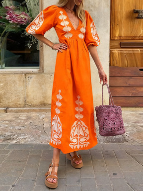 Women's Loose Relaxed Cut-Out Dress With Printed V-Neck Puff Sleeves_ecoleips.com