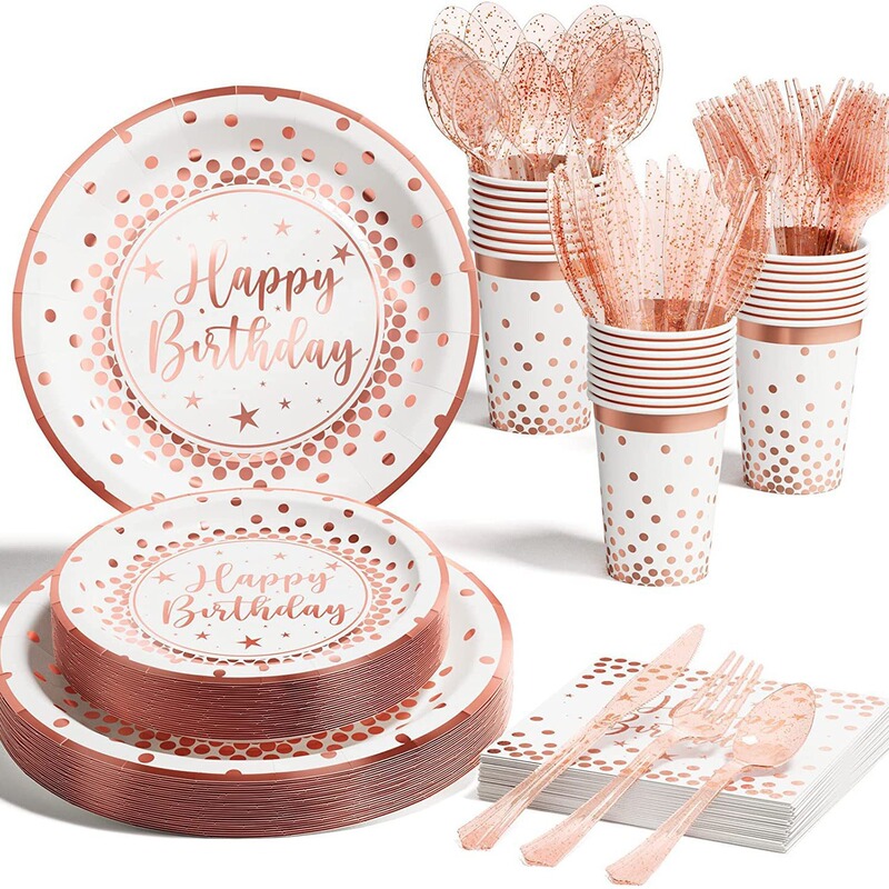 Rose gold theme party tableware paper tray paper towel birthday supplies disposable bronzing paper towel paper cup