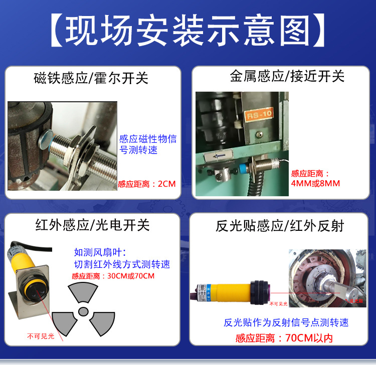 Measuring motor tachometer, speed sensor, display meter, speed controller, alarm, photoelectric sensor, gear motor