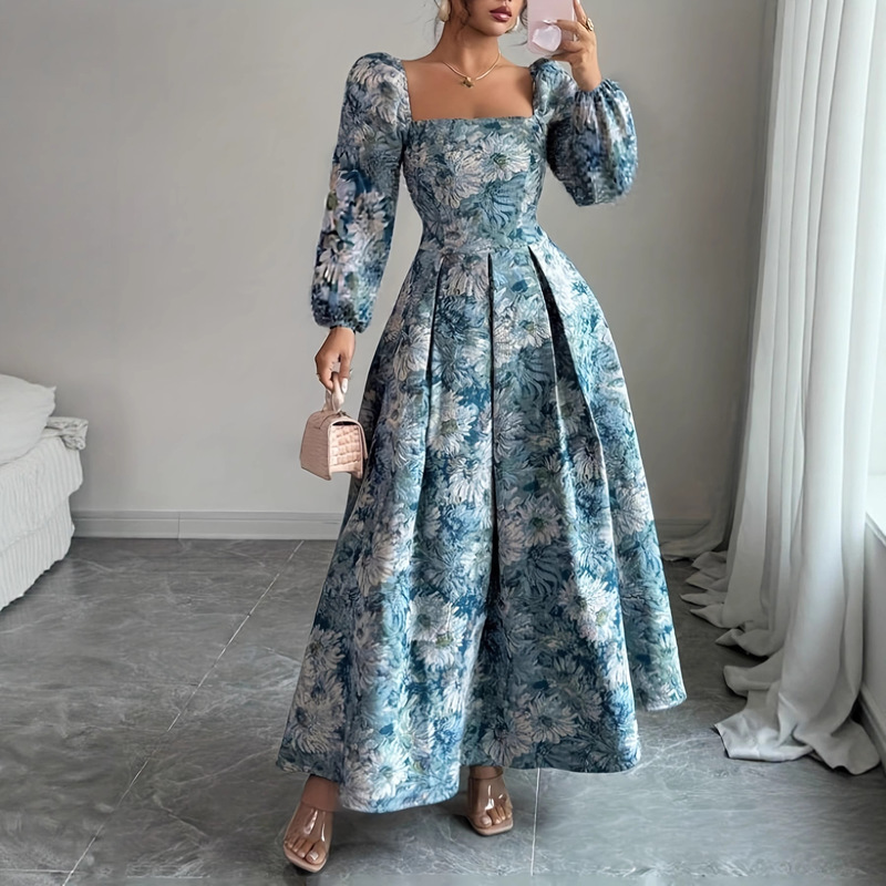 New European and American Style Blue Floral Oil Painting Three-Dimensional Cut Long-Sleeve Dress with Square Neck, Puff Sleeves, and High Waist