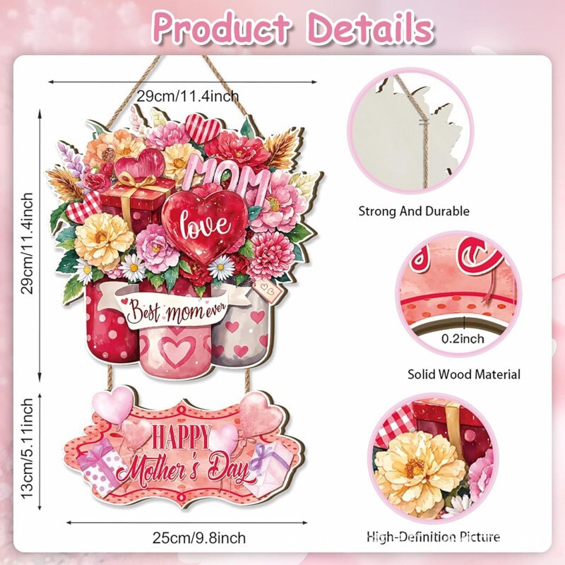 Wooden Mother's Day Front Door Floral Decorations, Cute Floral Spring Hanging Ornaments, Indoor and Outdoor Home Wall Decorations