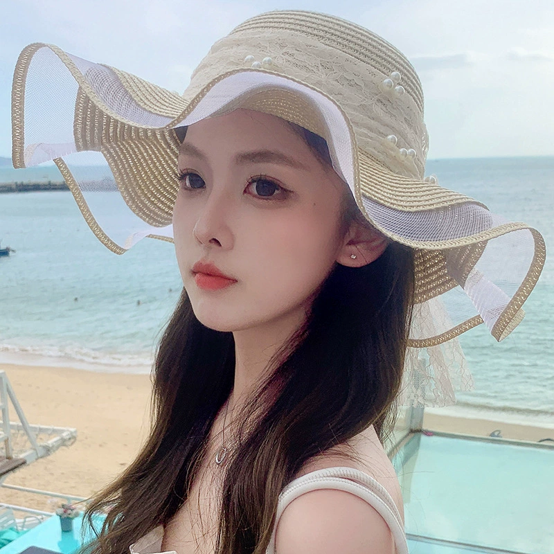 Wavy fresh cute big sun hat solar-powered with bow, wholesale