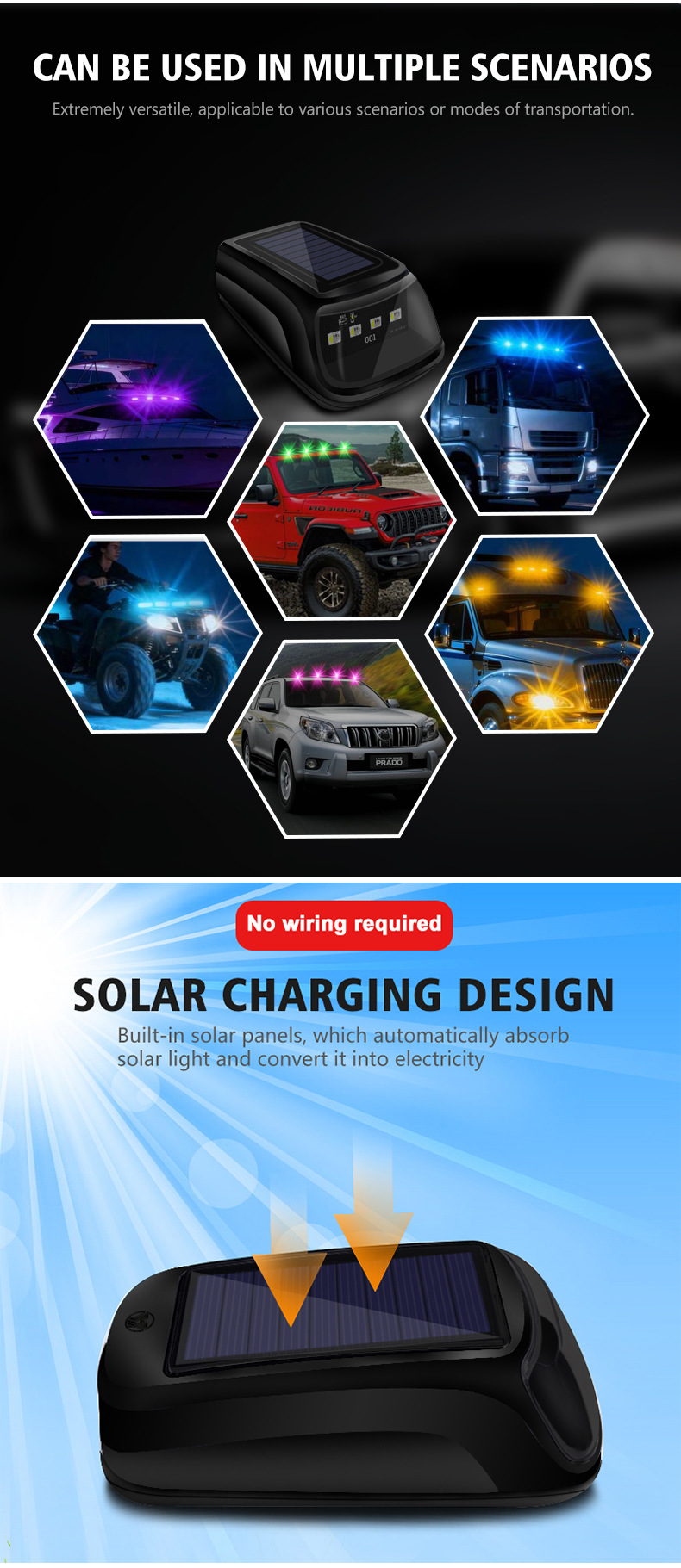 Directly supplied solar-powered RGB roof lights for trucks and pickup trucks, modified strobe signal lights