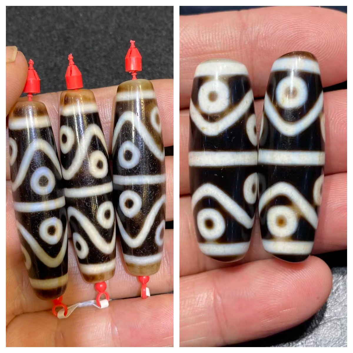 Taiwanese craftsmanship, black and white agate dzi beads, eight-eyed pattern, cinnabar material, weathered patina, Tibetan-style loose bead bracelet and necklace.