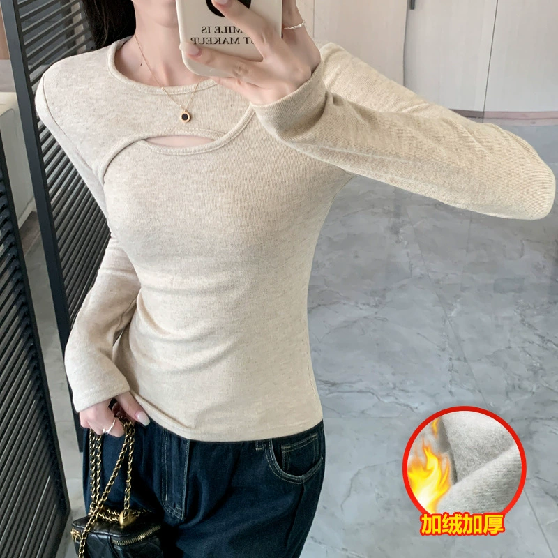 Нижняя рубашка женская осень-зима плюс бархатный дизайн 2024 новая горячая девушка футболка с длинными рукавами и топ сплошной цвет