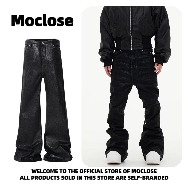 Moclose American Street Style Dark Aesthetic Wax-Coated Ribbon Embellished Unisex Wide-Leg Flared Stacked Jeans