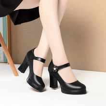 一件代发时尚走秀高跟鞋女中跟软底软面一字扣防水台单鞋女士皮鞋