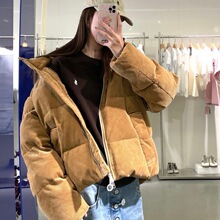 拉夫劳家25新款时尚风格灯芯绒立领短款羽绒服女复古保暖面包服