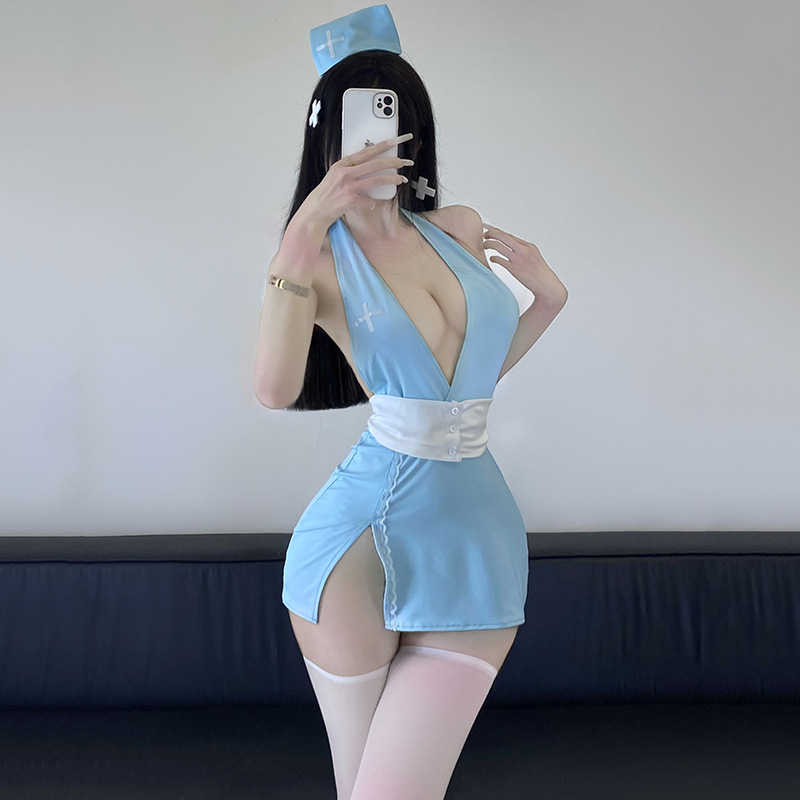 Pinxian Private Nurse Leaking Breasts Sexy Butt-Covering Skirt Role-Playing Flirting Sexy Hot Pajamas Side Slit 2495