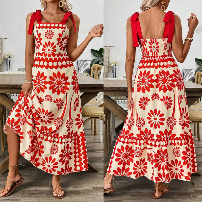 2024 Amazon AliExpress Floral Print Shoulder Strap Tight Waist Long Vacation Casual dress