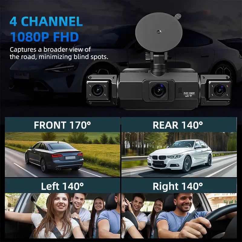 360 ° Cross-border four-camera high-definition dashcam with infrared night vision, supports mobile phone connectivity and 24-hour parking monitoring