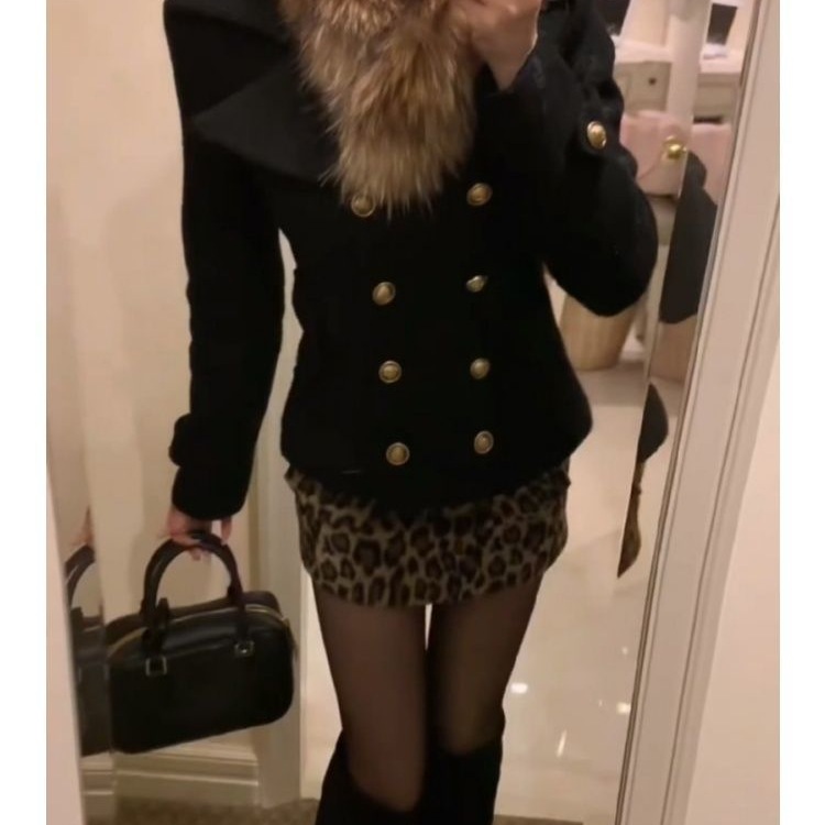 古早千金辣妹秋冬新款双排扣毛领毛呢外套气质高腰豹纹半身裙套装