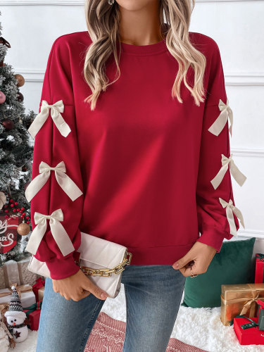 Amazon's autumn and winter bestsellers, European and American trendy butterfly knot red Christmas crew neck women's hoodie